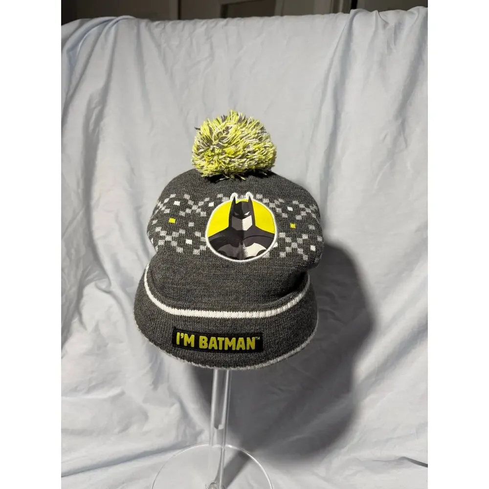 Batman Youth Beanie Pom Pom Hat Gray Yellow Warner Bros 100th Anniversary 2023